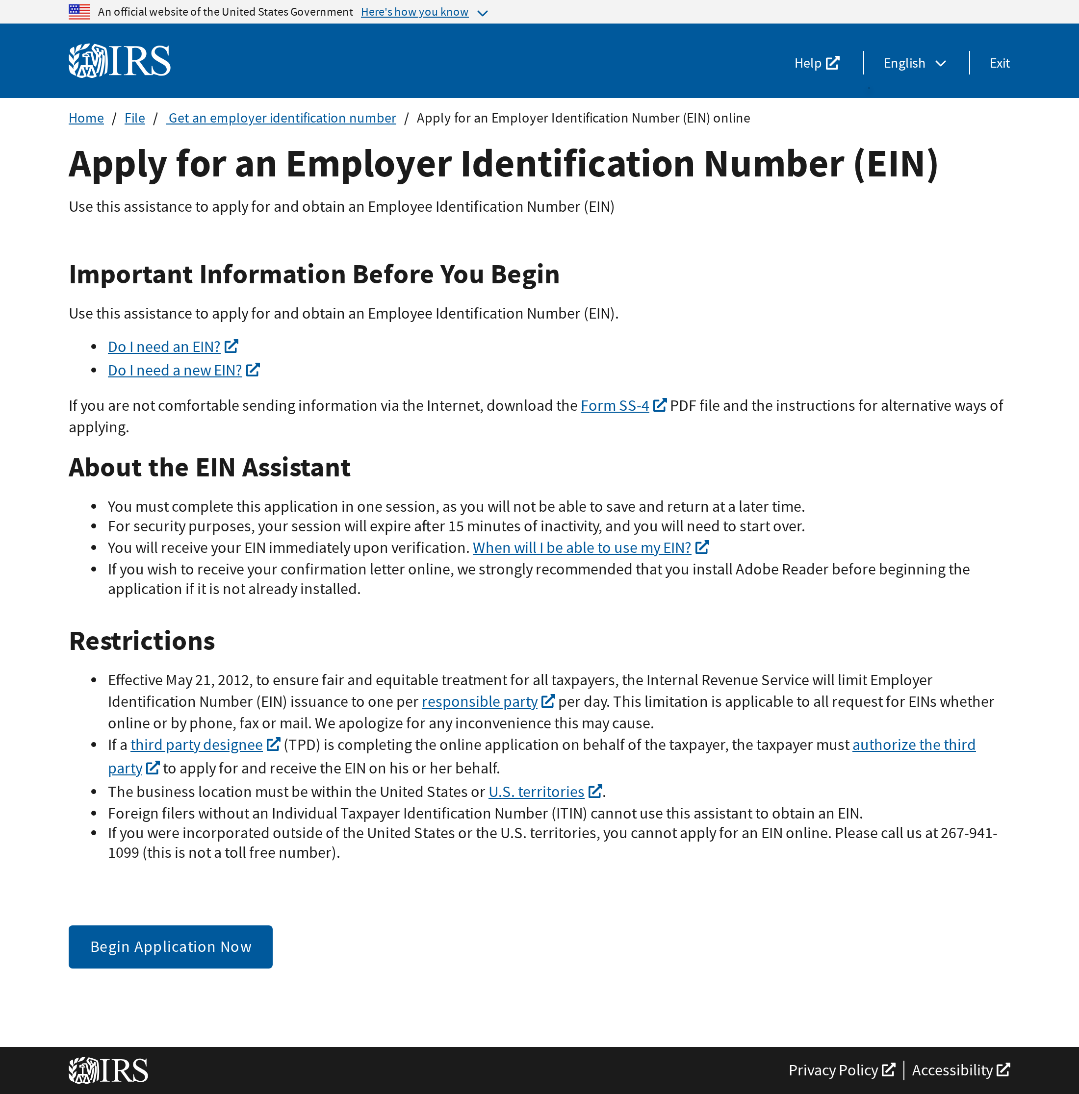 IRS EIN Assistant landing page showing the Important Information Before You Begin notice and the Begin Application Now button