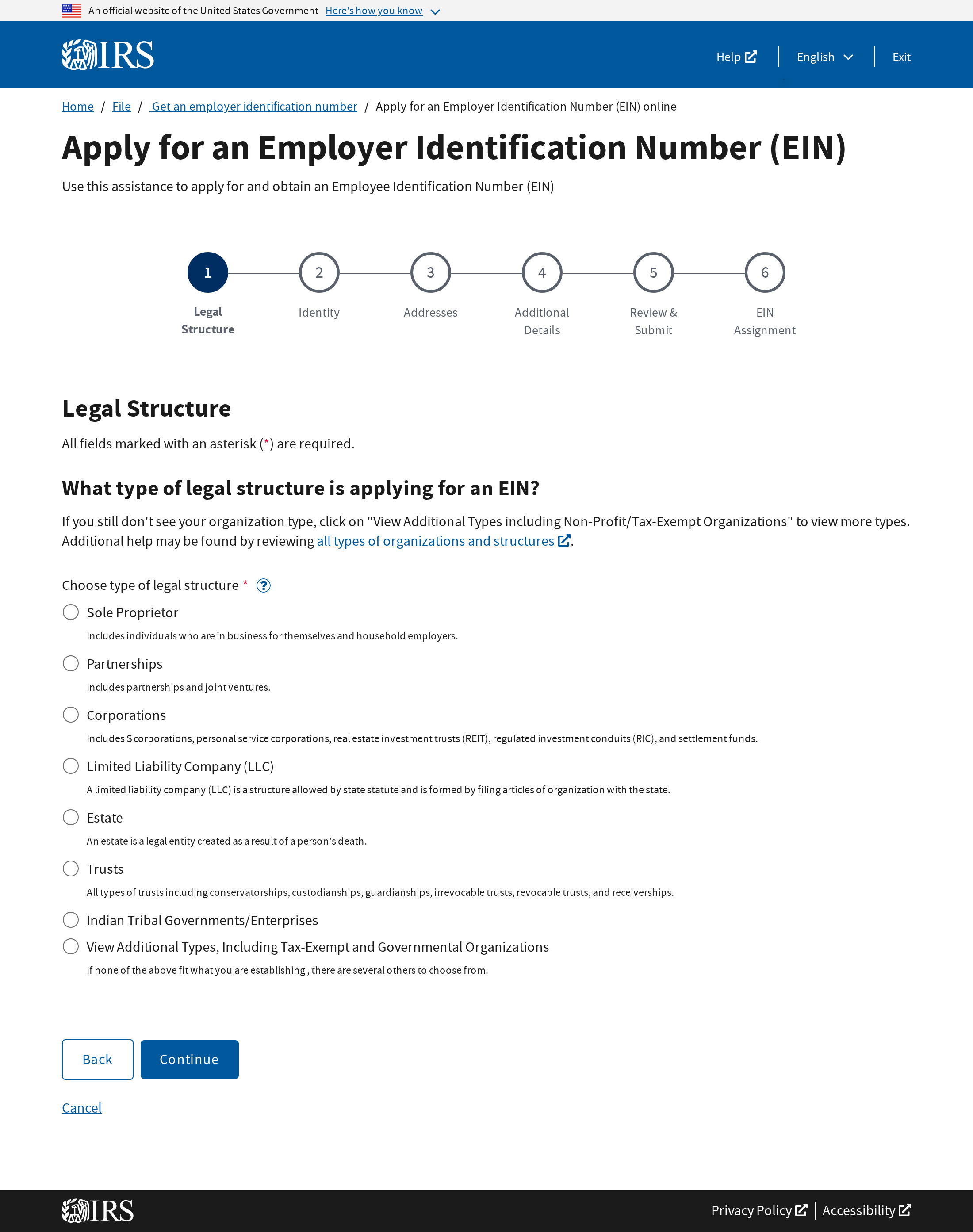 Stage one of the IRS EIN Assistant listing the eight legal structure options including sole proprietor, partnership, corporation and LLC