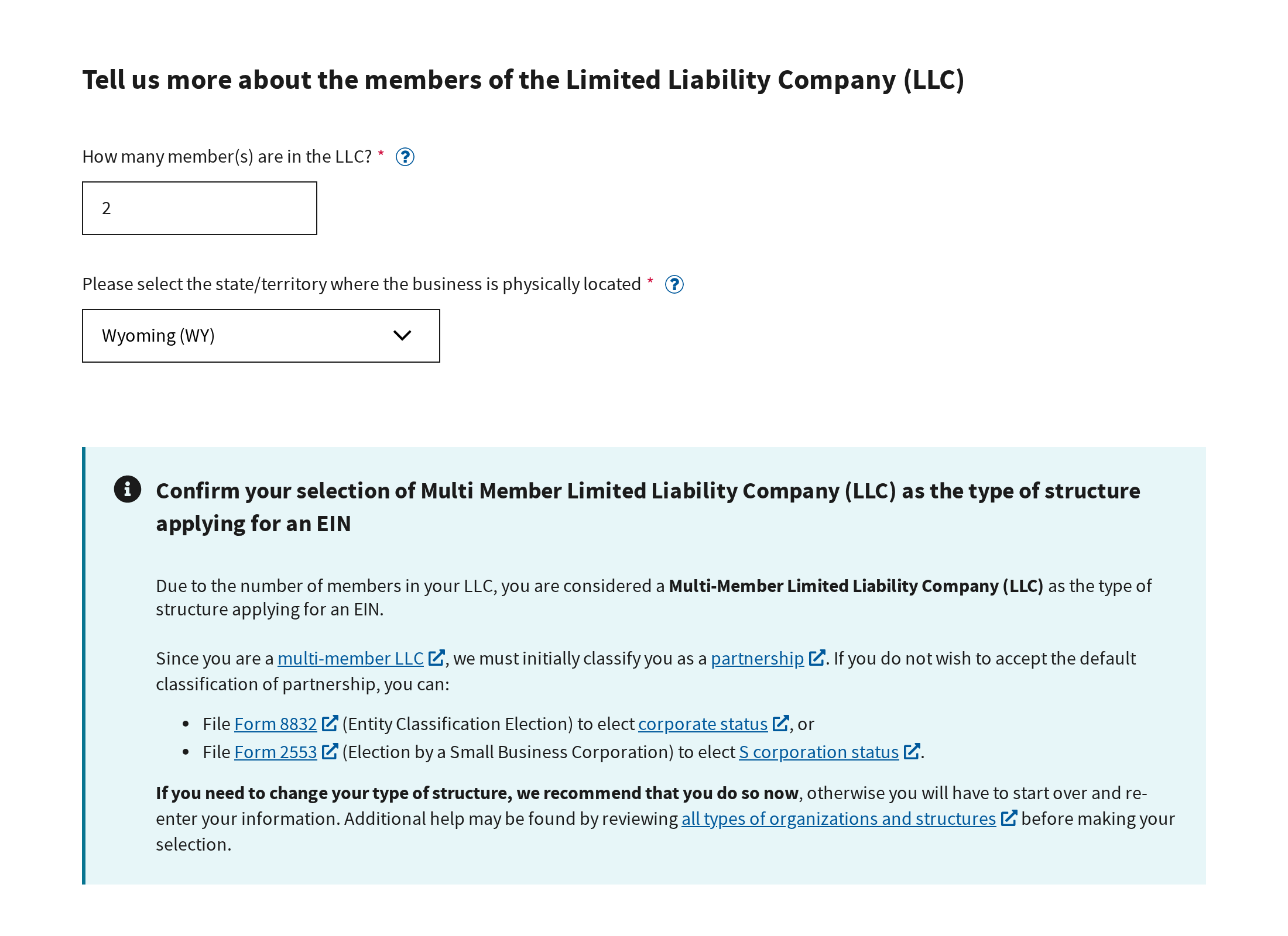 IRS EIN Assistant asking how many members are in the LLC and which state the business is located in, with a notice explaining multi-member LLC partnership classification
