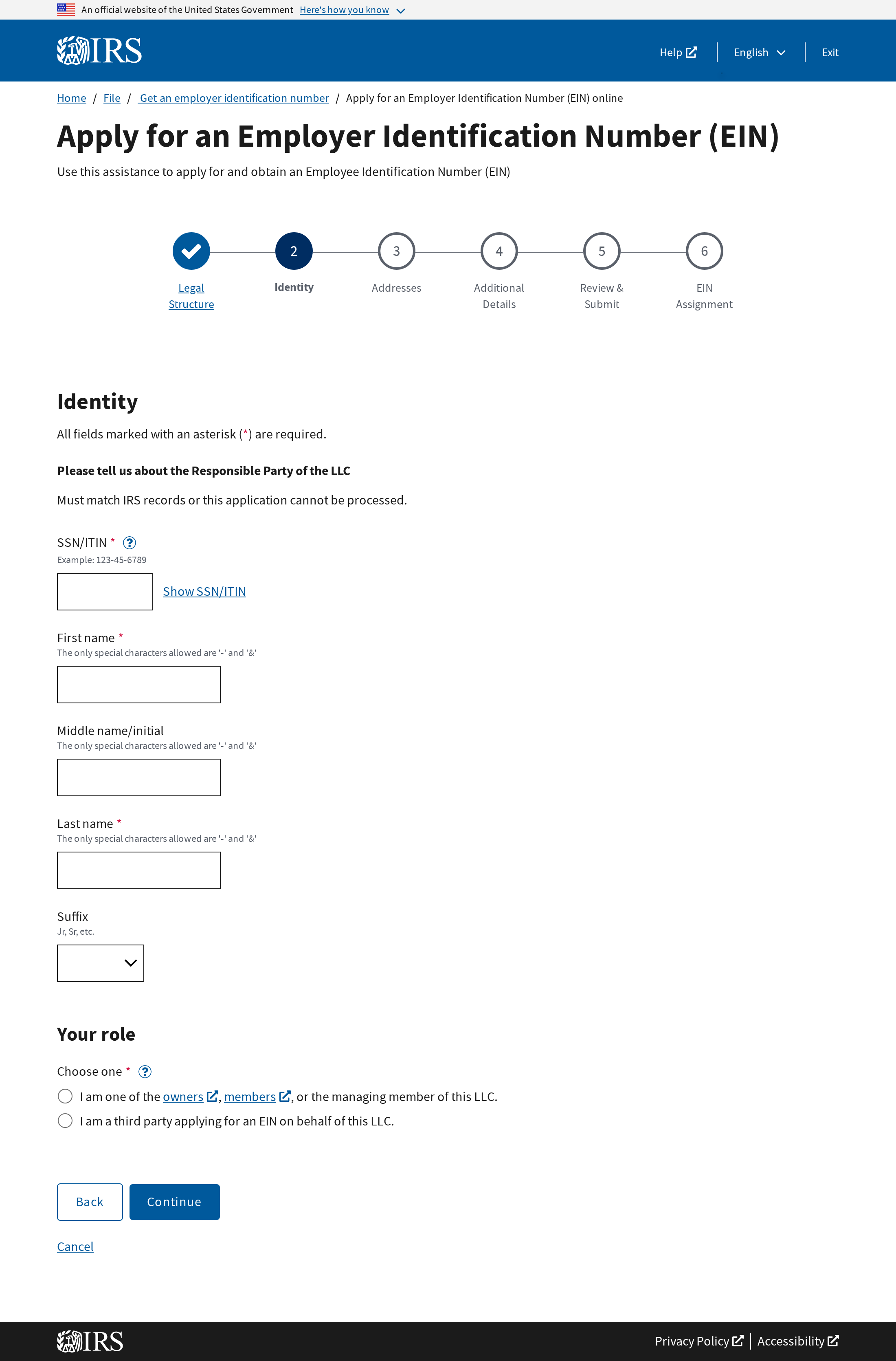 Stage two of the IRS EIN Assistant asking for the responsible party SSN or ITIN, name, suffix and role