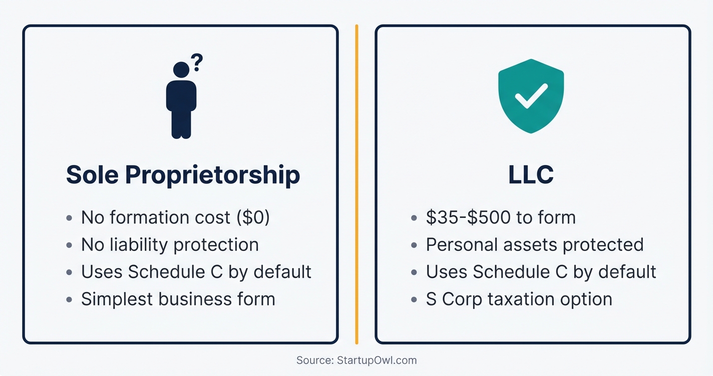 Side-by-side icon comparison of sole proprietorship versus LLC for freelancers