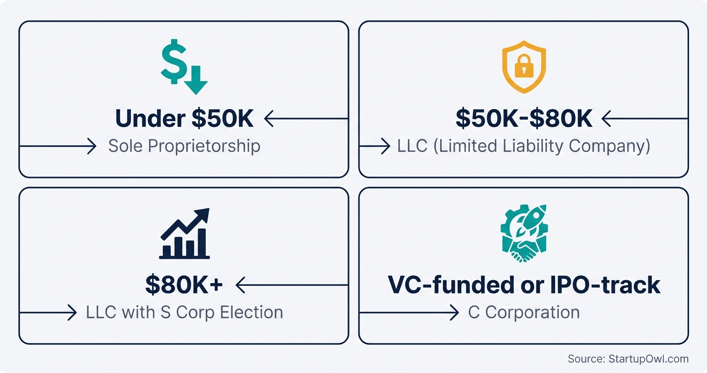 Decision framework showing income thresholds for choosing entity type