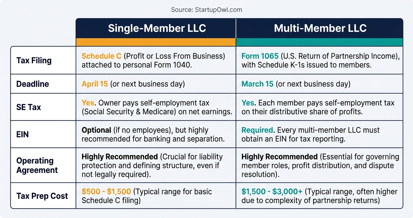 Side-by-side comparison chart of single-member LLC versus multi-member LLC features